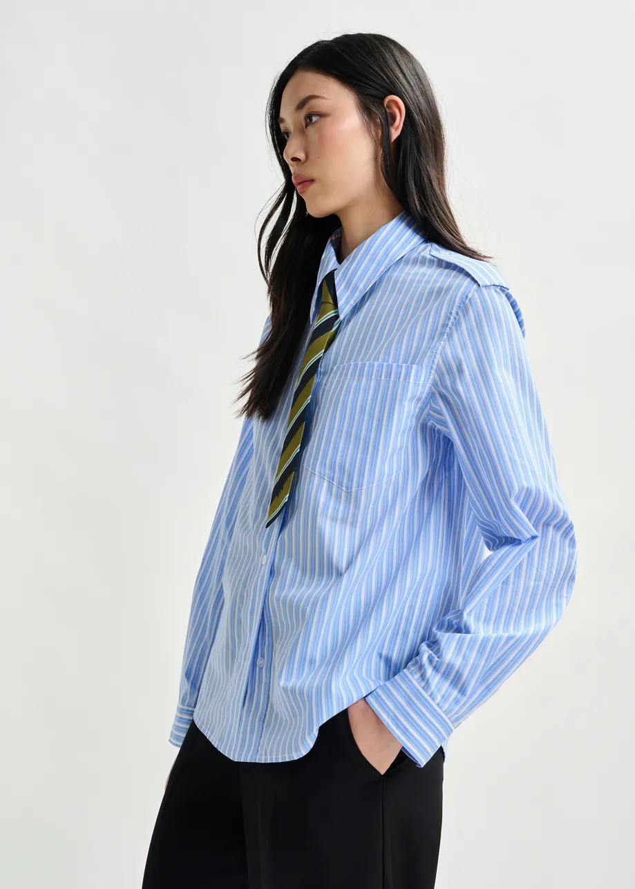 Blue and white striped shirt with removable tie