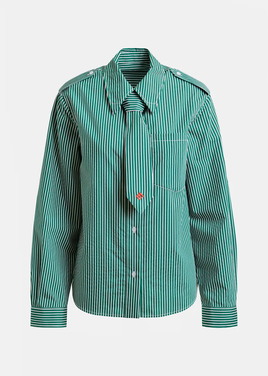 Green and white striped shirt with removable tie