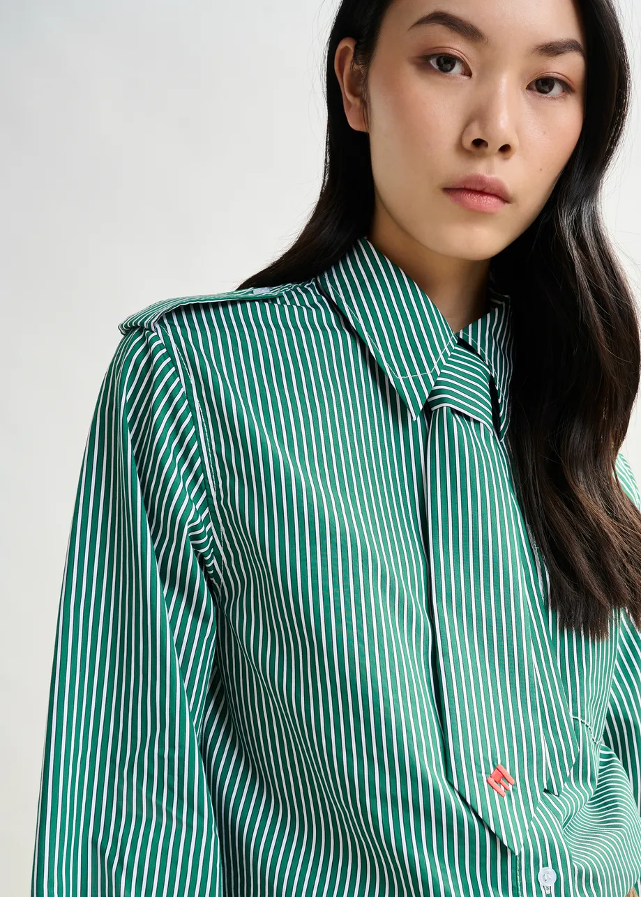Green and white striped shirt with removable tie