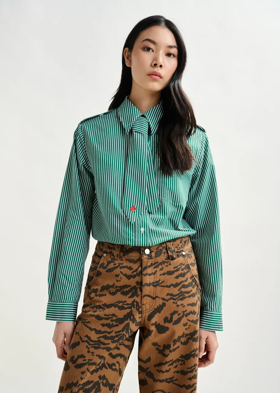 Green and white striped shirt with removable tie