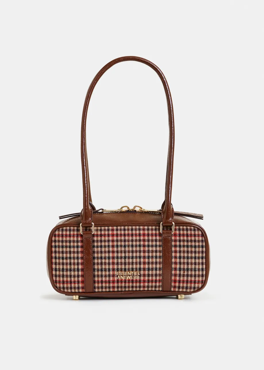 Brown, beige and red  Checked shoulder baguette bag
