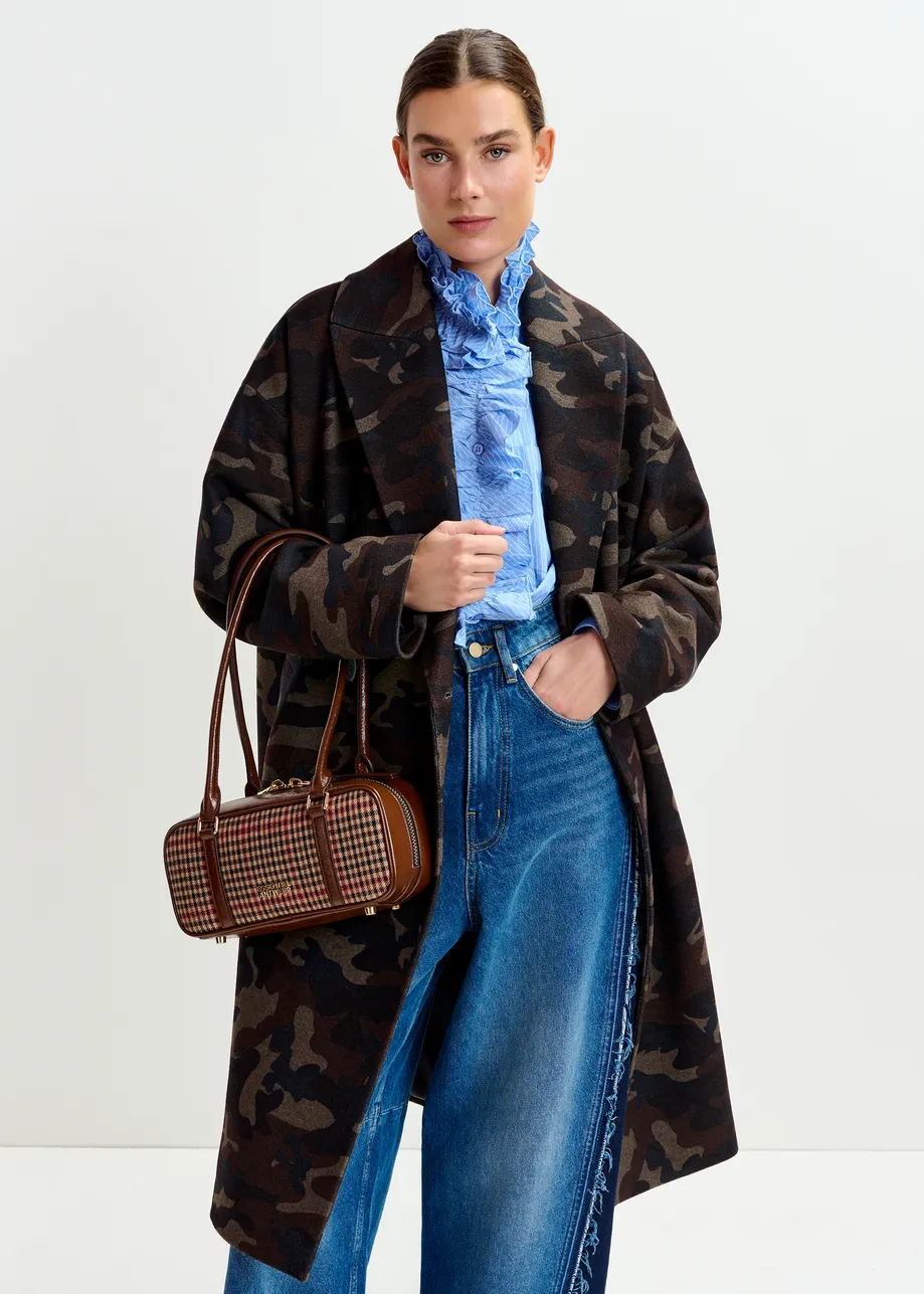 Brown, beige and red  Checked shoulder baguette bag