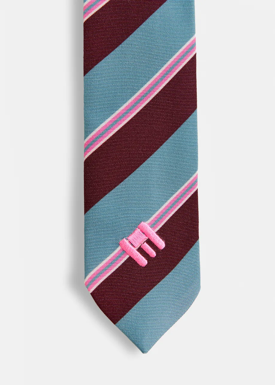 Blue, burgundy and pink striped tie with 'E' logo