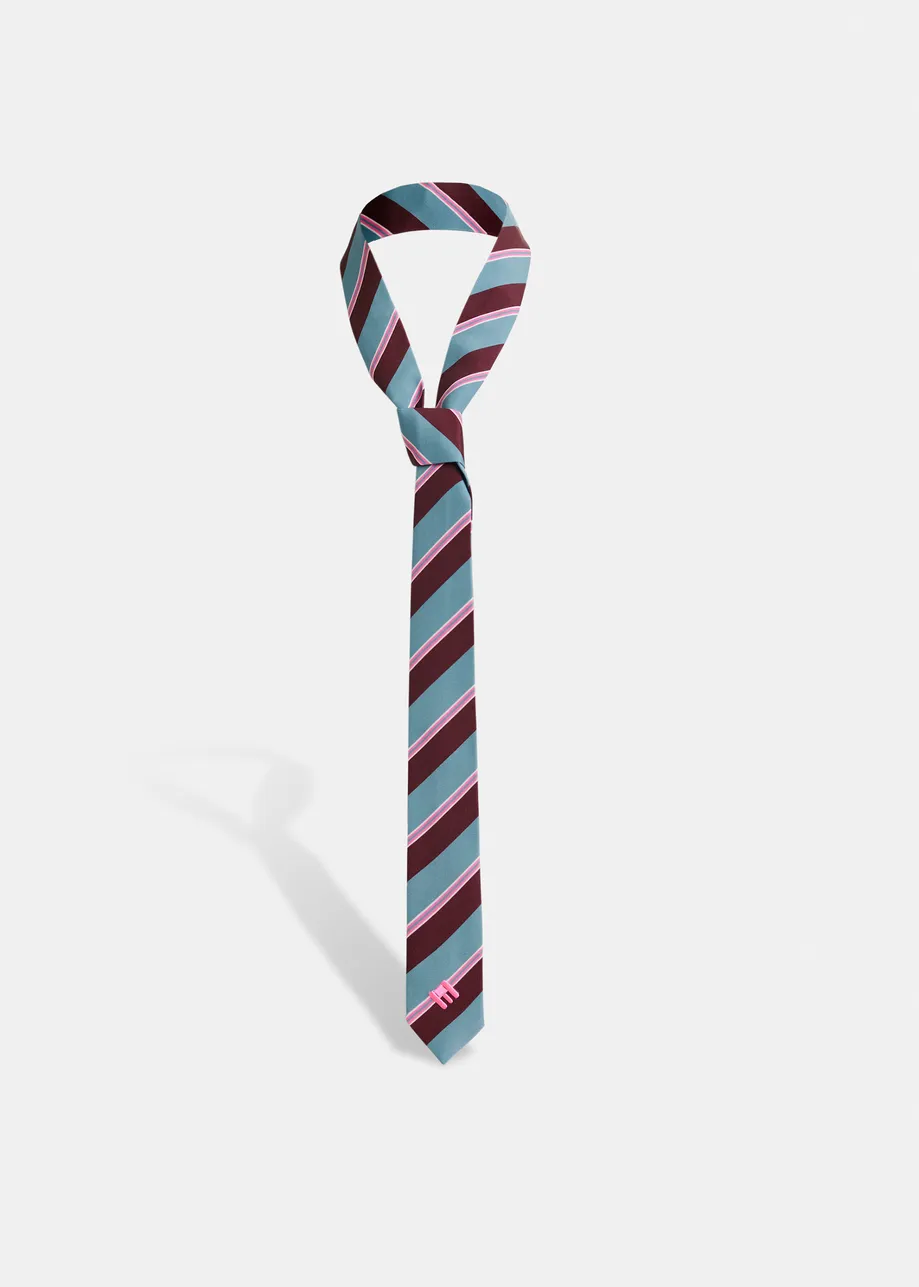 Blue, burgundy and pink striped tie with 'E' logo