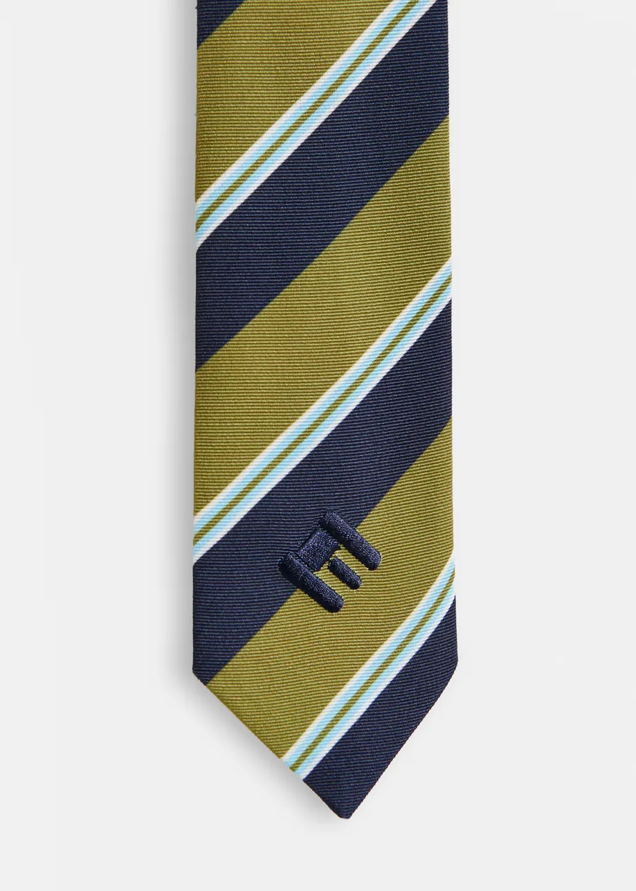 Green, dark blue and light blue striped tie with 'E' logo