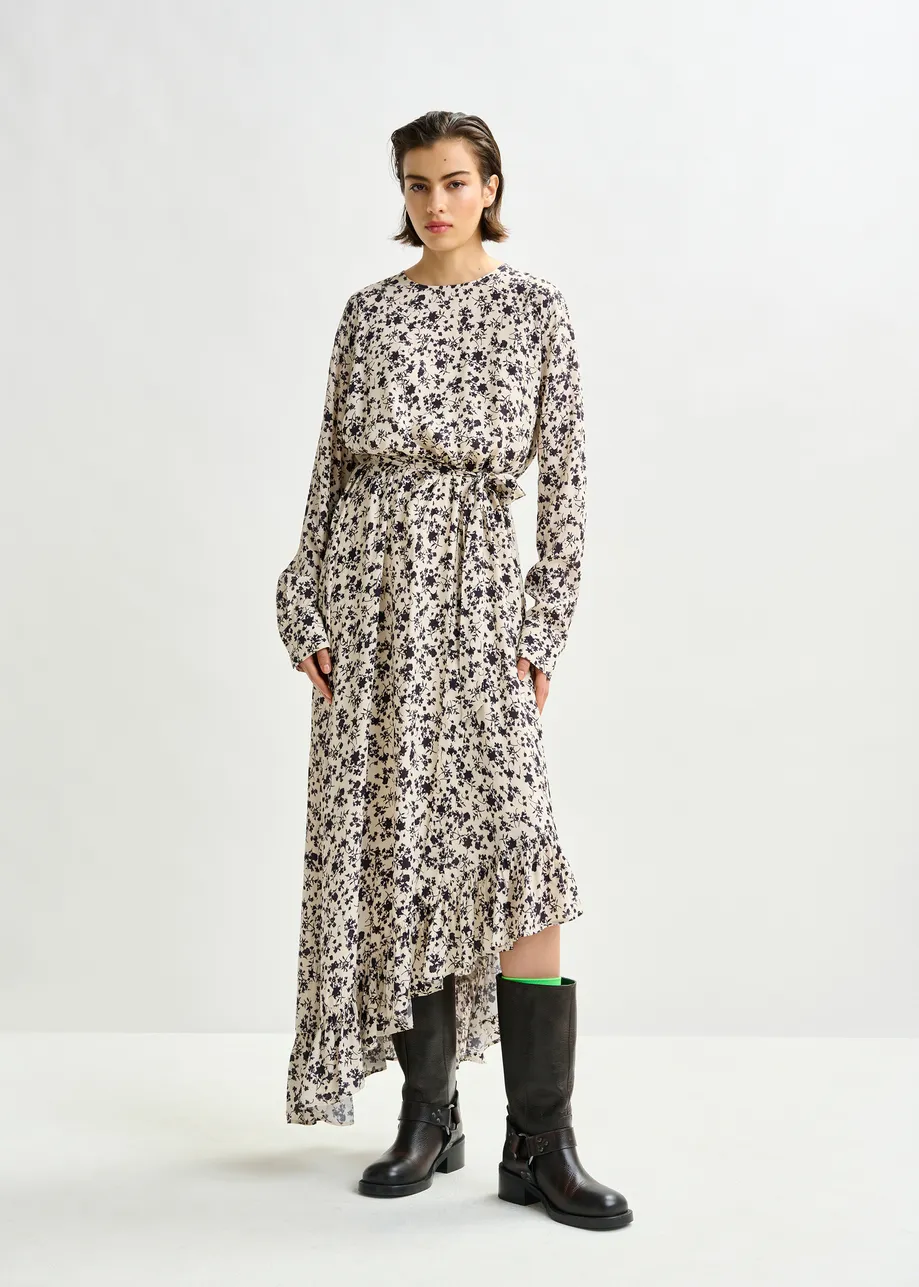 Off-white and black asymmetrical floral midi dress