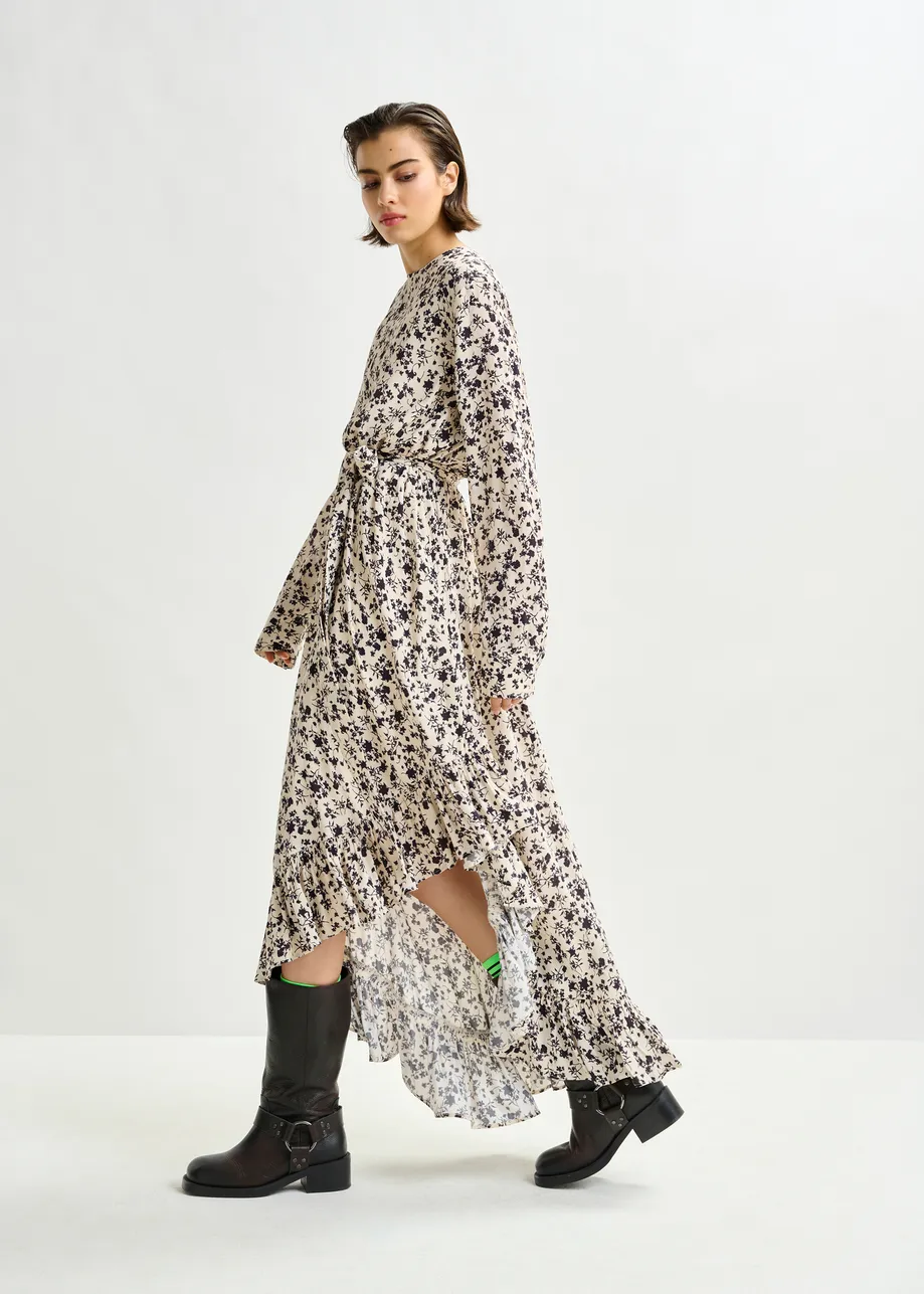 Off-white and black asymmetrical floral midi dress