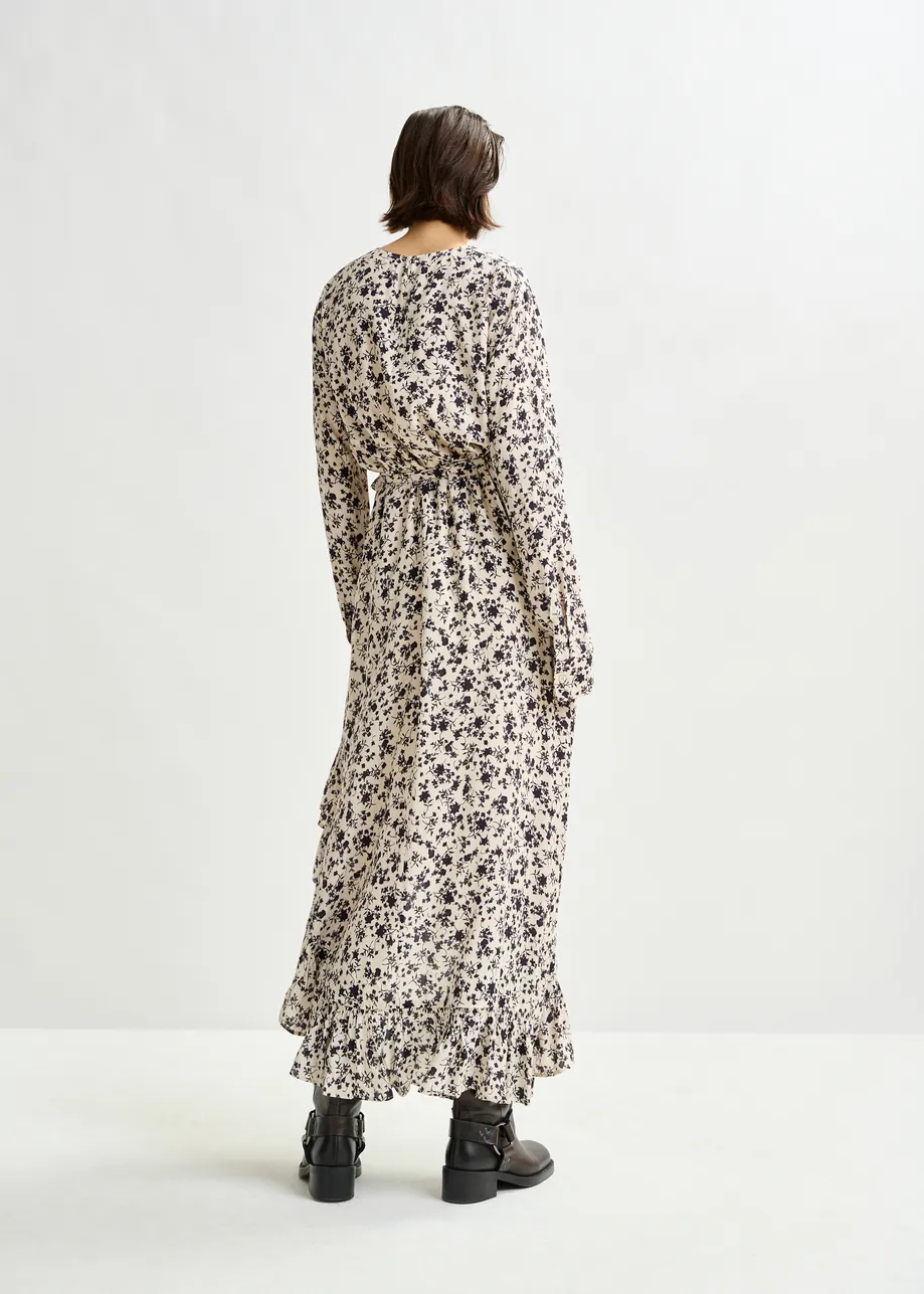 Off-white and black asymmetrical floral midi dress