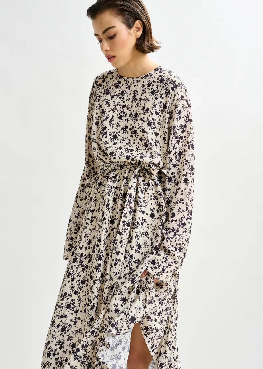 Off-white and black asymmetrical floral midi dress