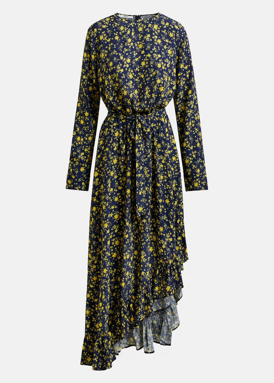 Navy and yellow asymmetrical floral midi dress