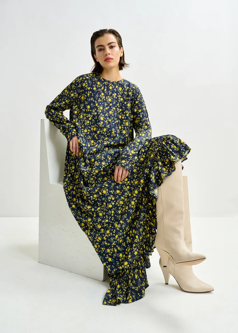 Navy and yellow asymmetrical floral midi dress