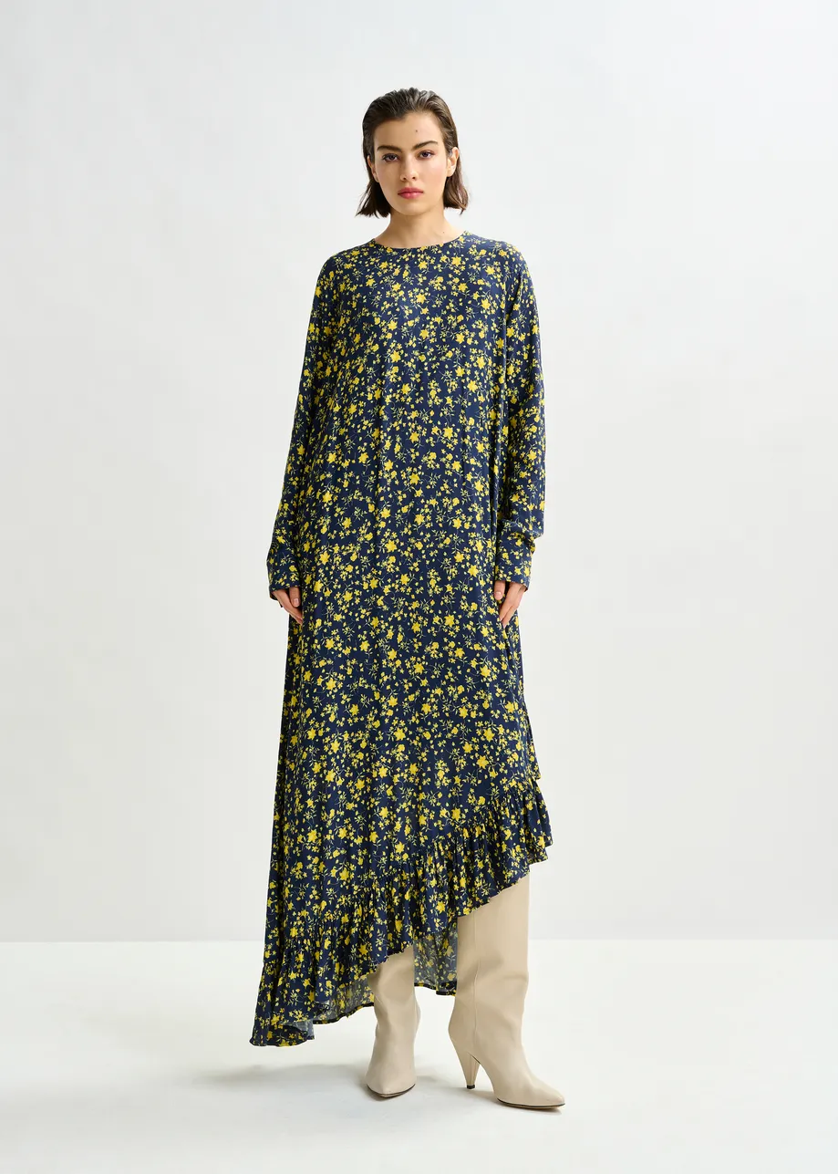 Navy and yellow asymmetrical floral midi dress