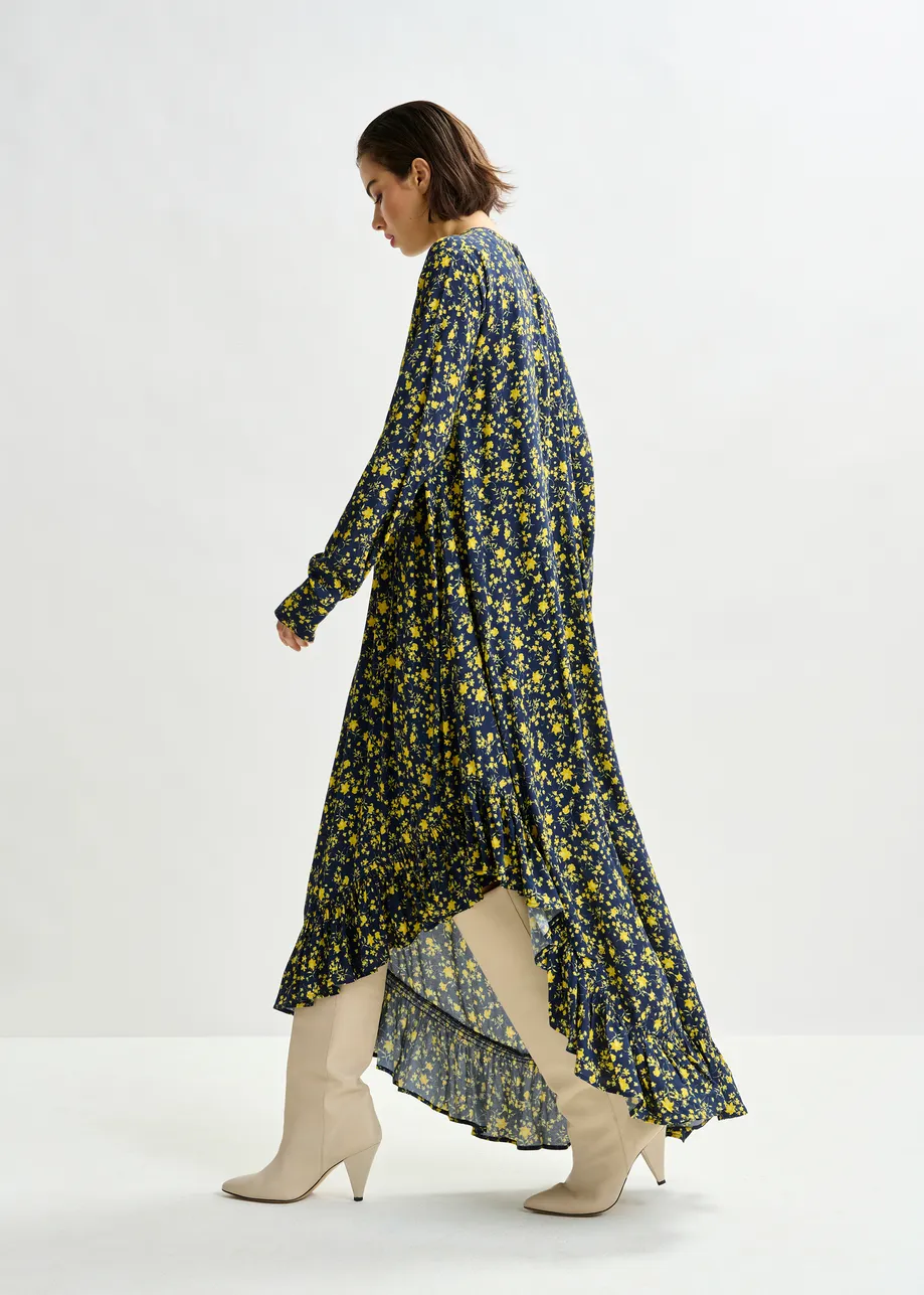 Navy and yellow asymmetrical floral midi dress
