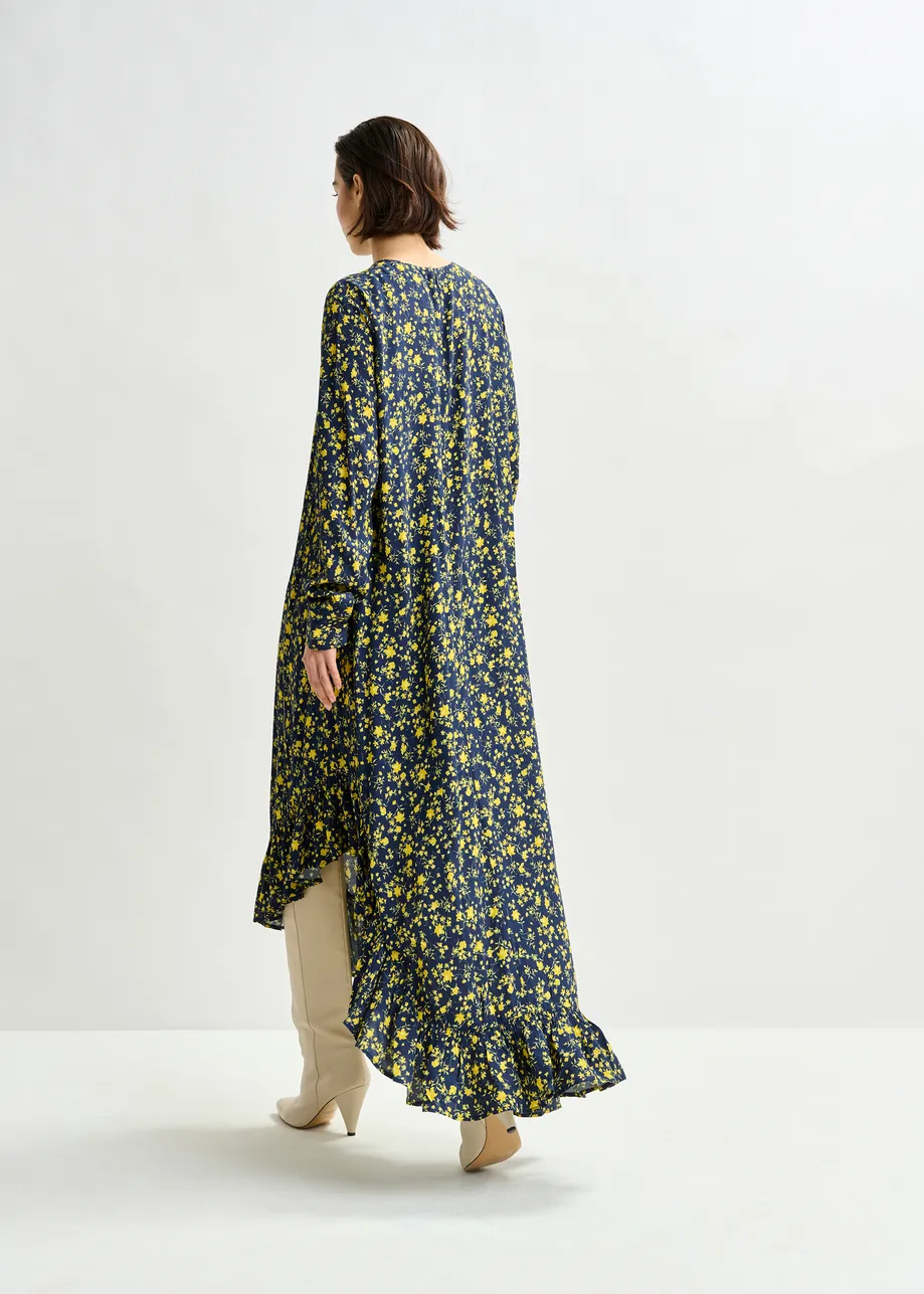 Navy and yellow asymmetrical floral midi dress