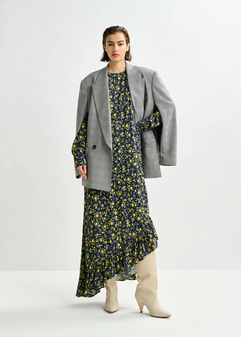 Navy and yellow asymmetrical floral midi dress