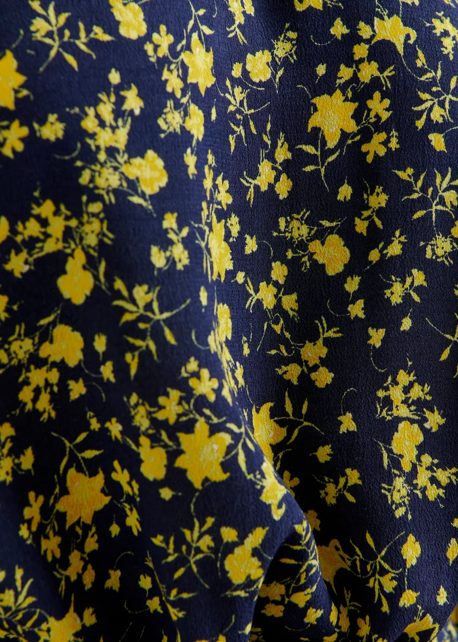 Navy and yellow asymmetrical floral midi dress