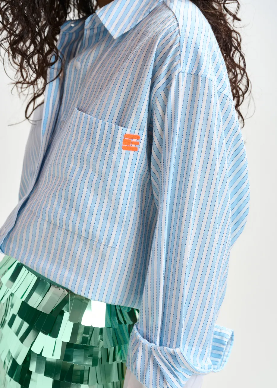 Blue and white striped cotton shirt with embroidered detail