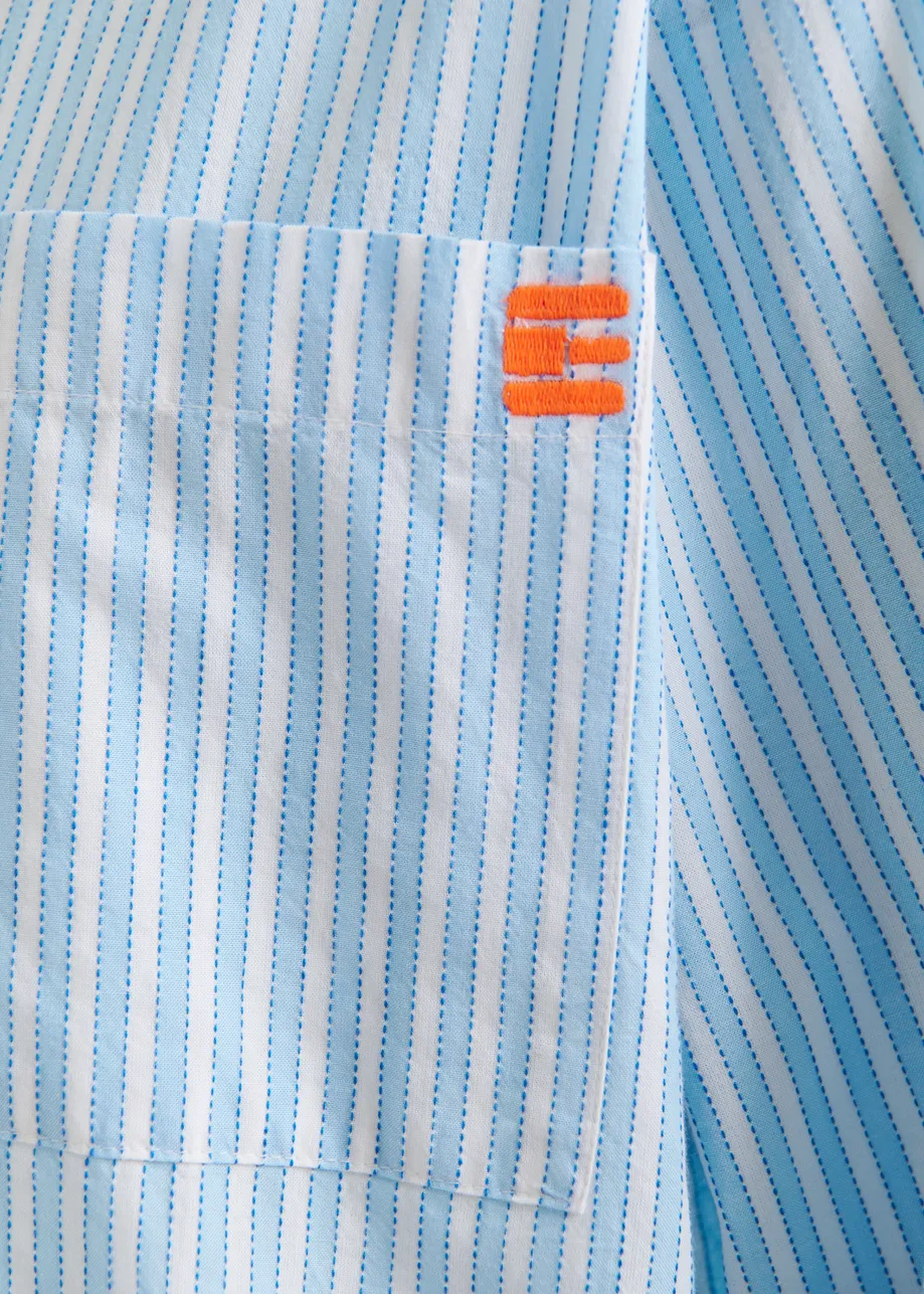 Blue and white striped cotton shirt with embroidered detail