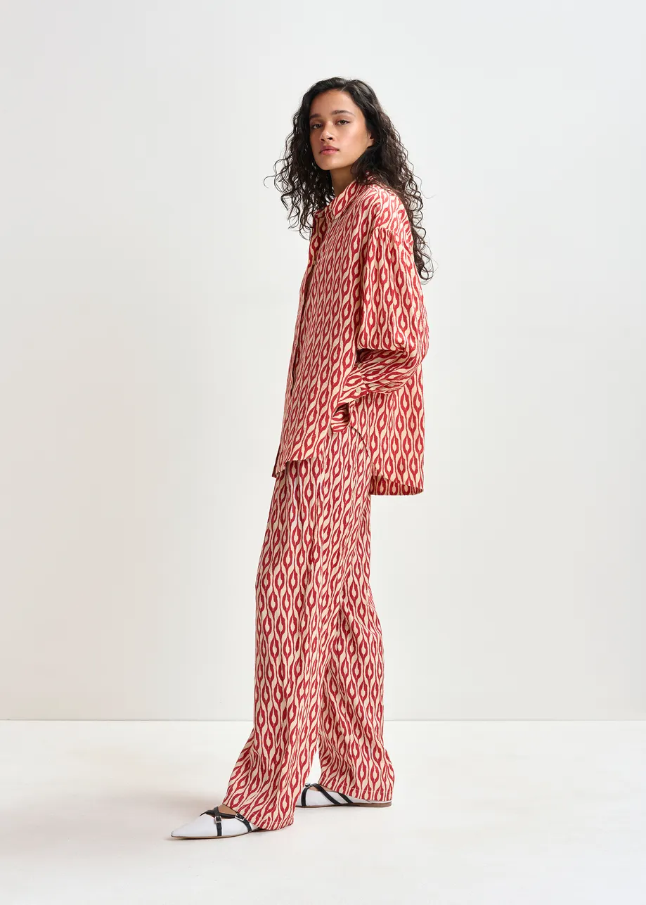 Orange and beige barrel-leg printed pants
