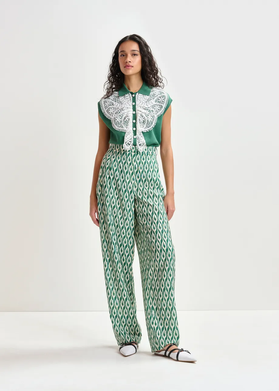 Blauwe en beige broek met barrel-pijp en print