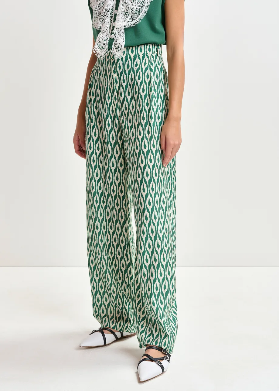 Blue and beige barrel-leg printed pants