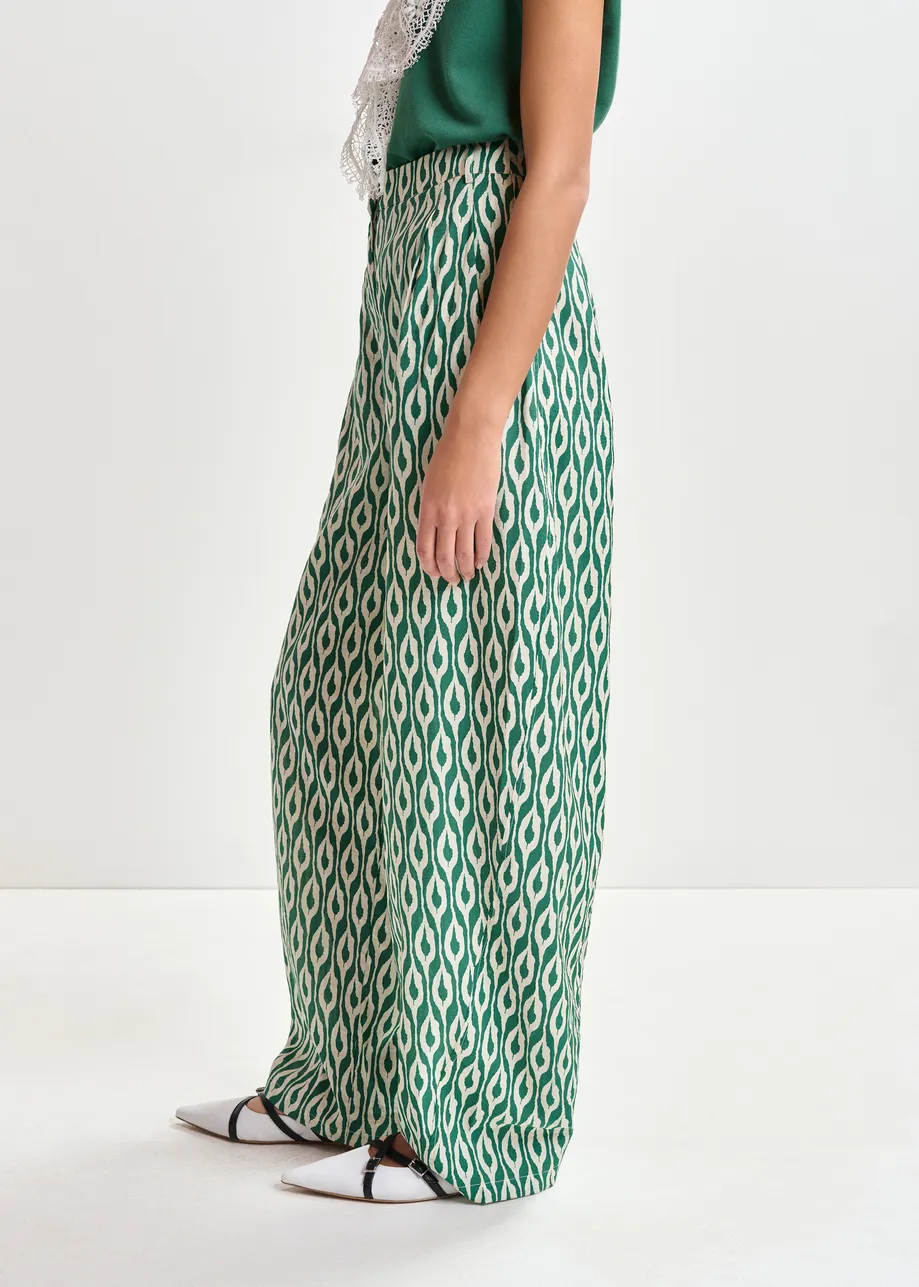 Blue and beige barrel-leg printed pants