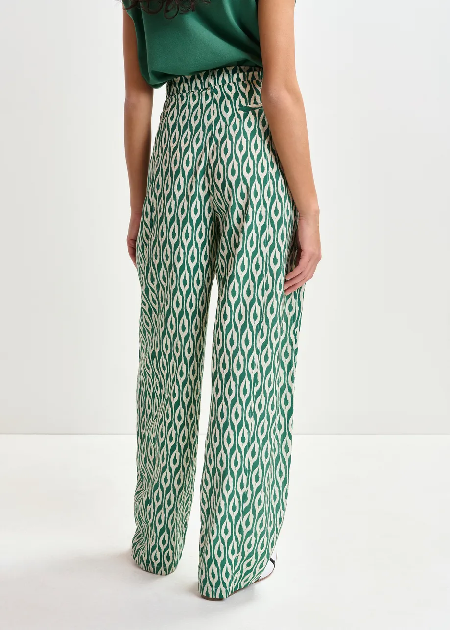 Blue and beige barrel-leg printed pants