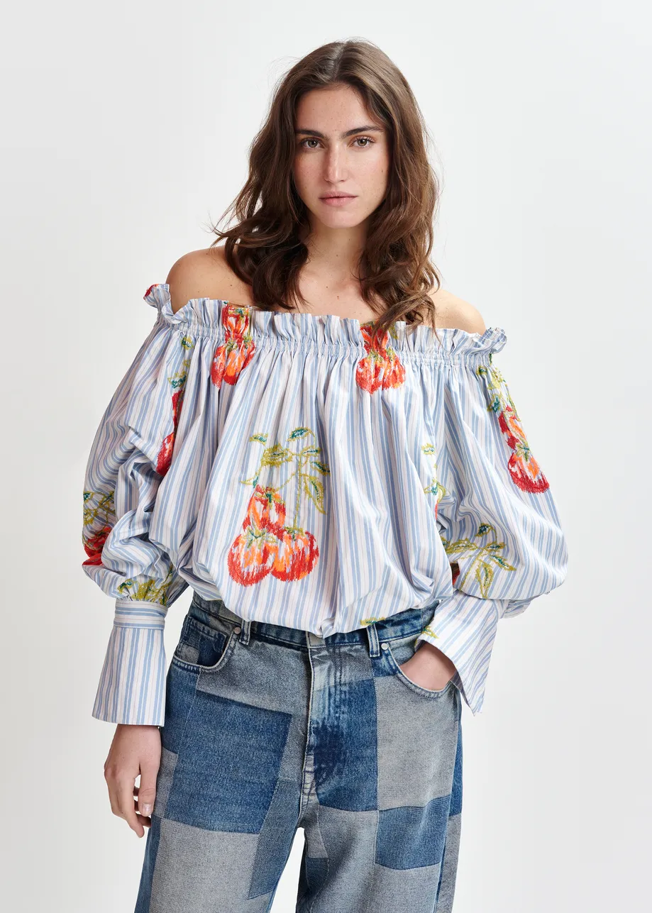 Blue , white and burned orange striped off-the-shoulder shirt with embroidery