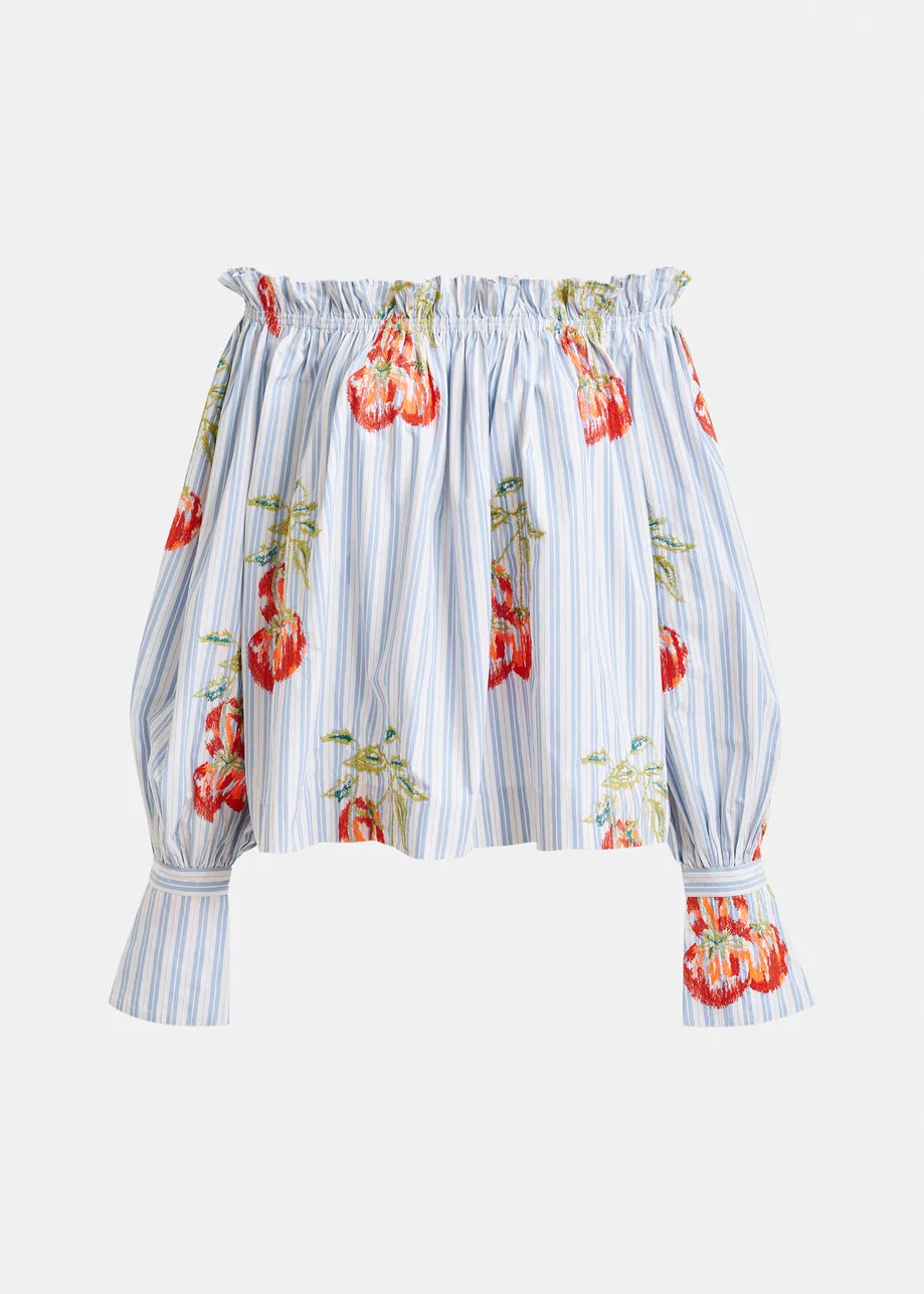 Blue , white and burned orange striped off-the-shoulder shirt with embroidery
