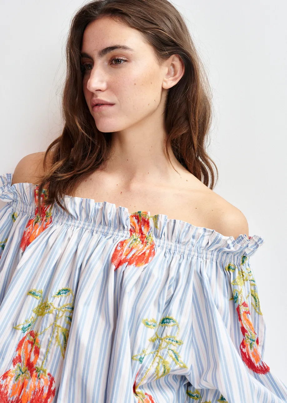 Blue , white and burned orange striped off-the-shoulder shirt with embroidery