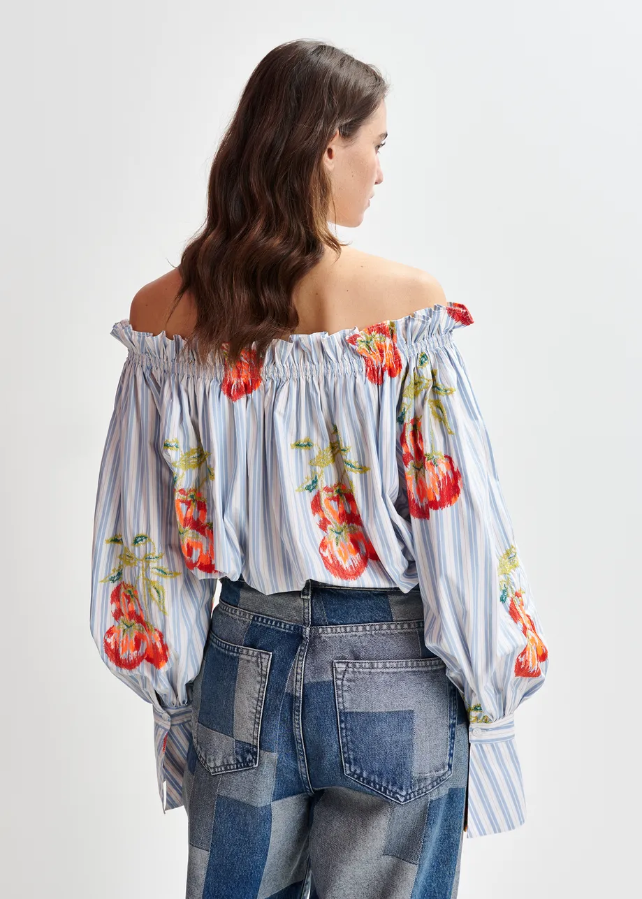 Blue , white and burned orange striped off-the-shoulder shirt with embroidery