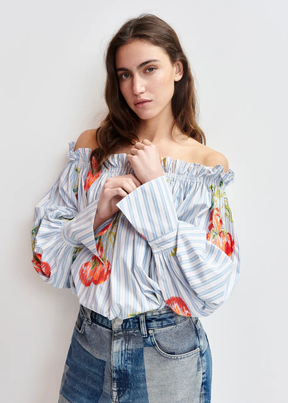 Blue , white and burned orange striped off-the-shoulder shirt with embroidery