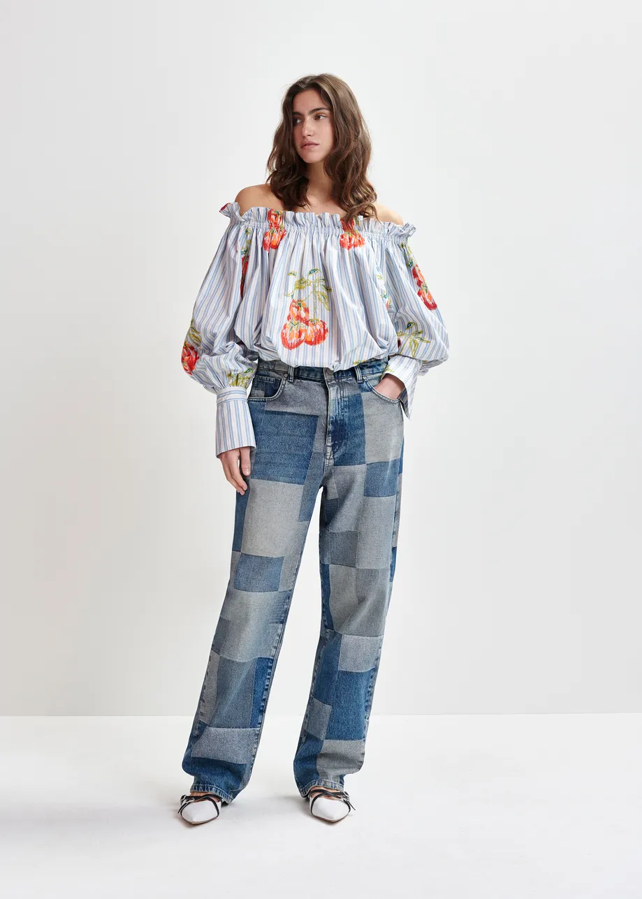 Blue , white and burned orange striped off-the-shoulder shirt with embroidery