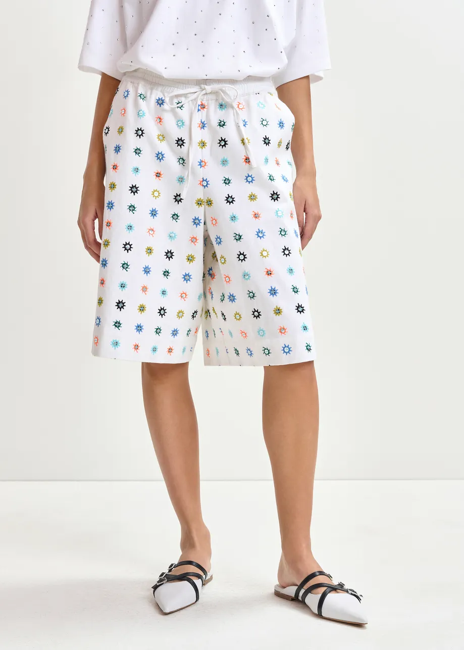 White and multicolor embroidered cotton shorts with mirror accents