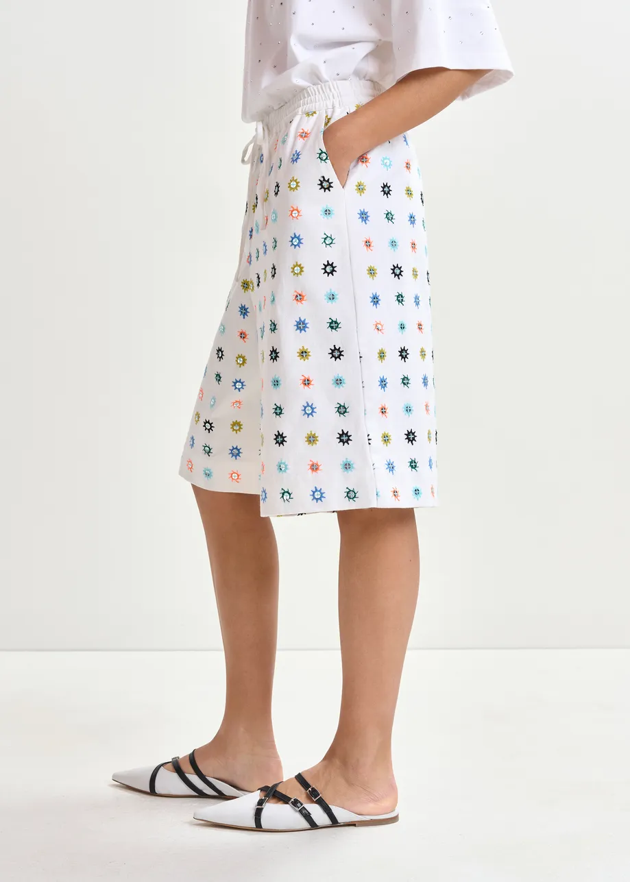 White and multicolor embroidered cotton shorts with mirror accents