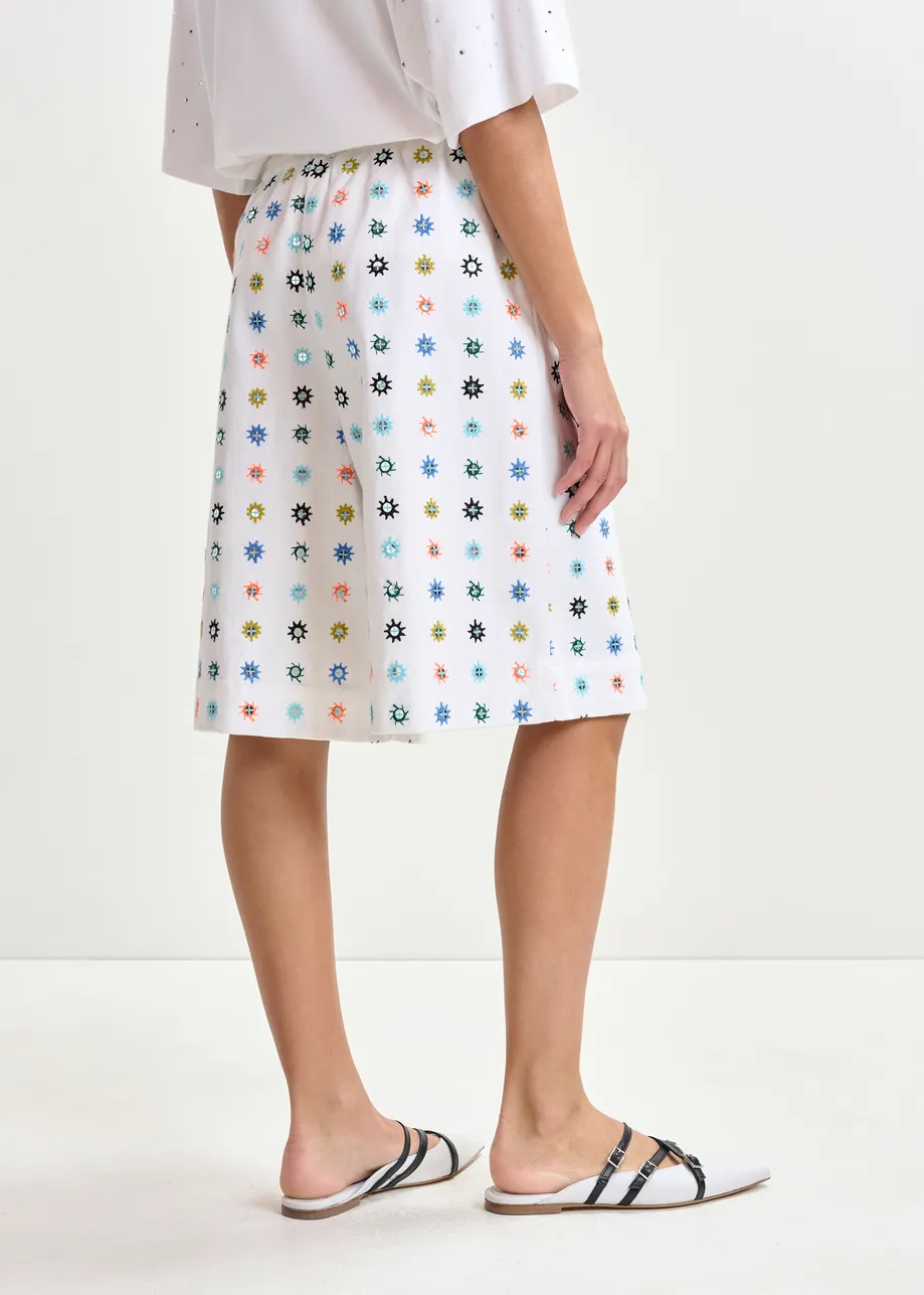 White and multicolor embroidered cotton shorts with mirror accents