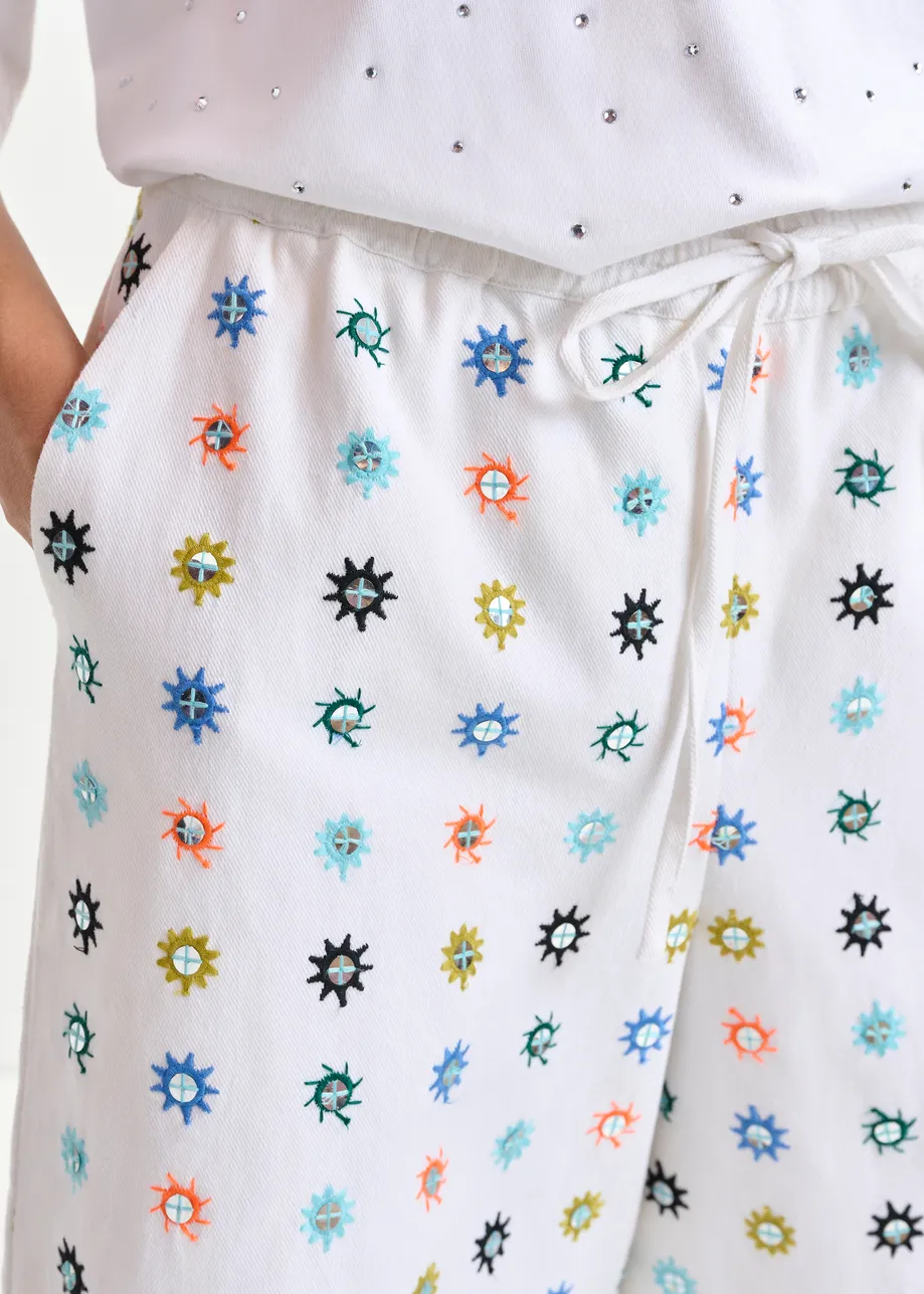 White and multicolor embroidered cotton shorts with mirror accents