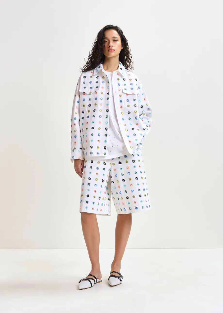 White and multicolor embroidered cotton shorts with mirror accents