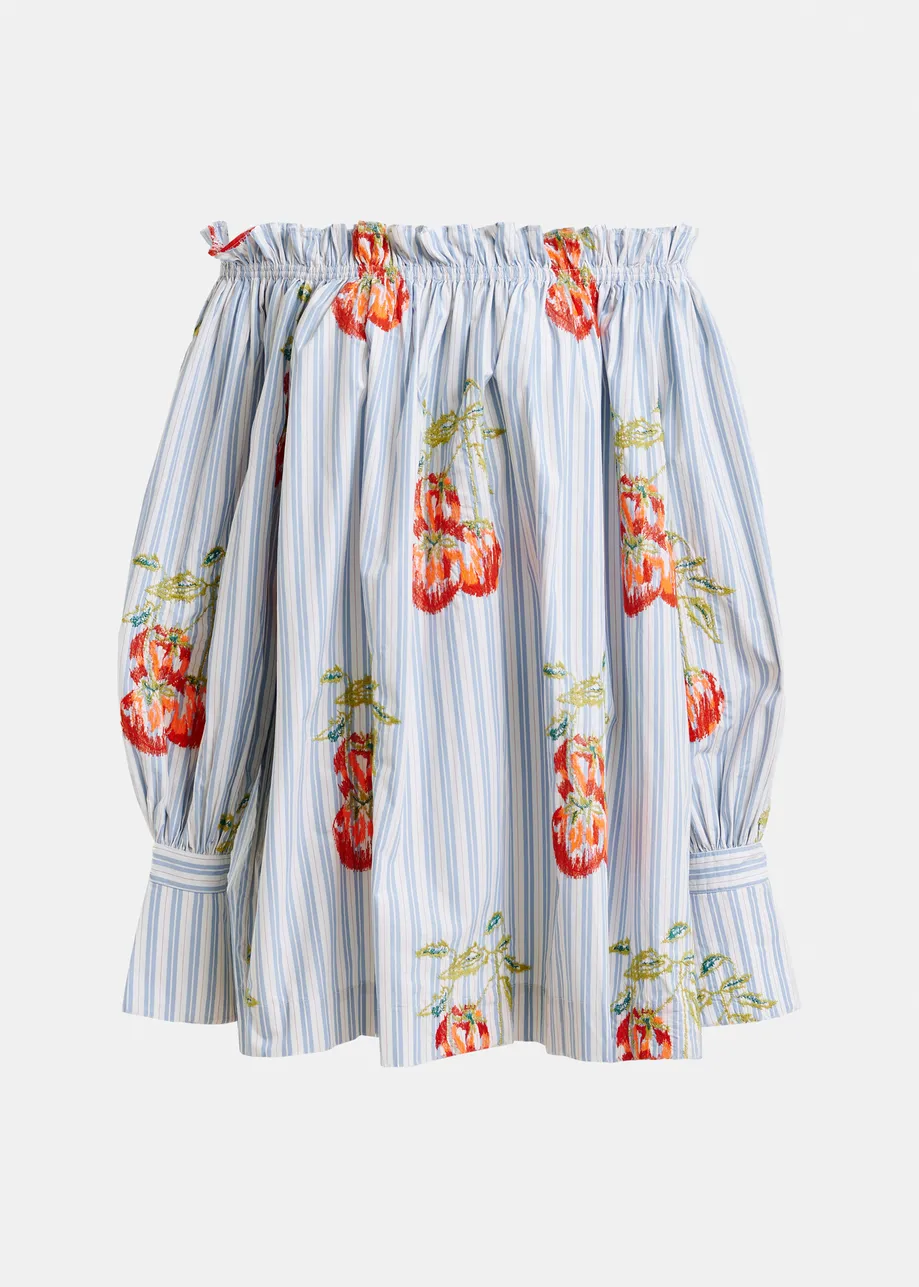 Blue, white and burned orange striped off-the-shoulder mini dress with embroidery
