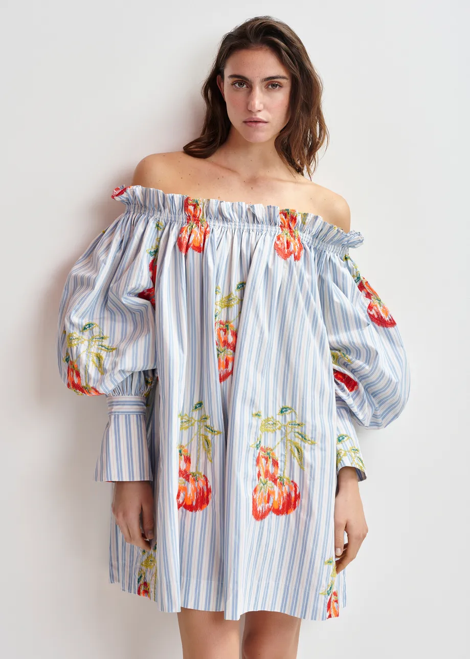 Blue, white and burned orange striped off-the-shoulder mini dress with embroidery