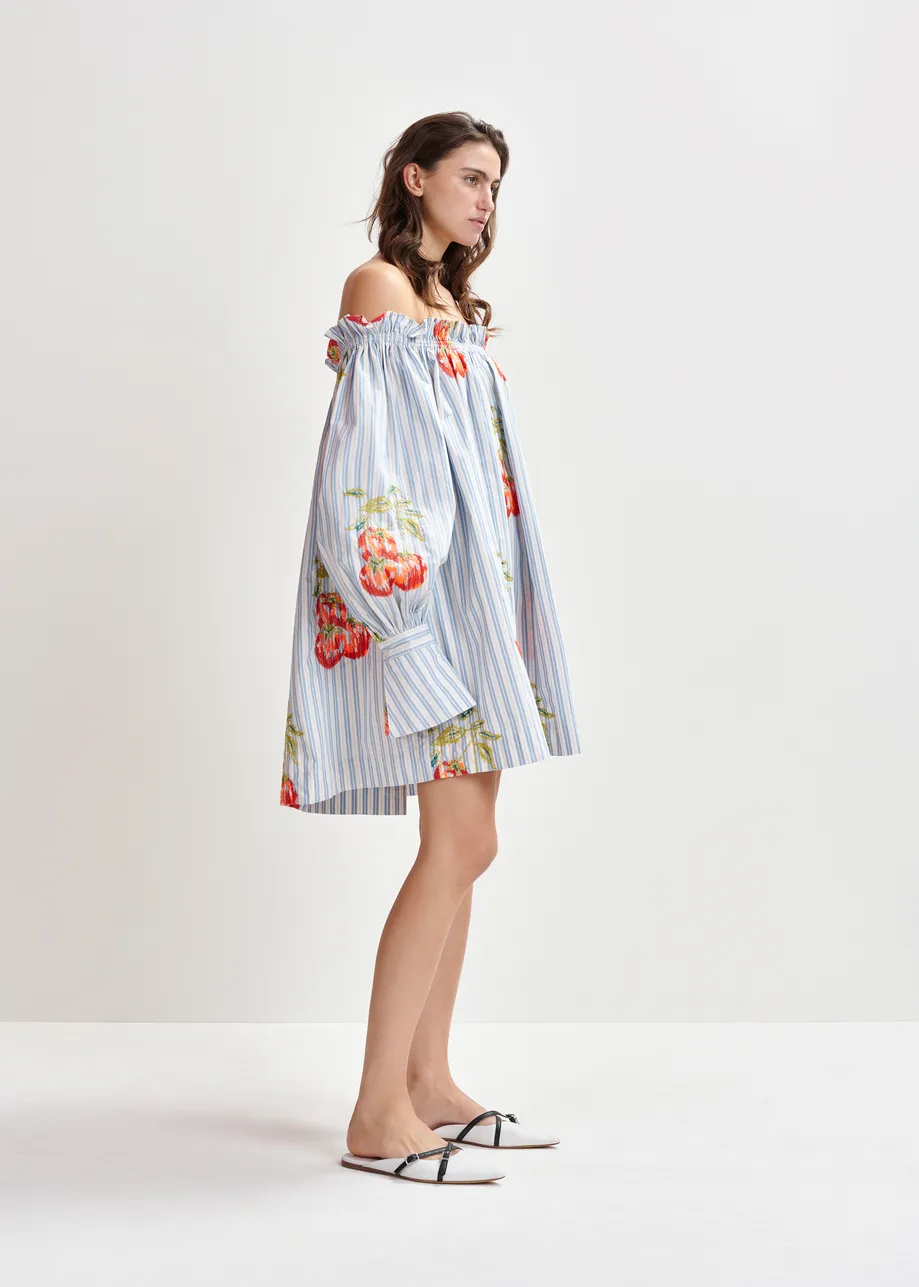 Blue, white and burned orange striped off-the-shoulder mini dress with embroidery