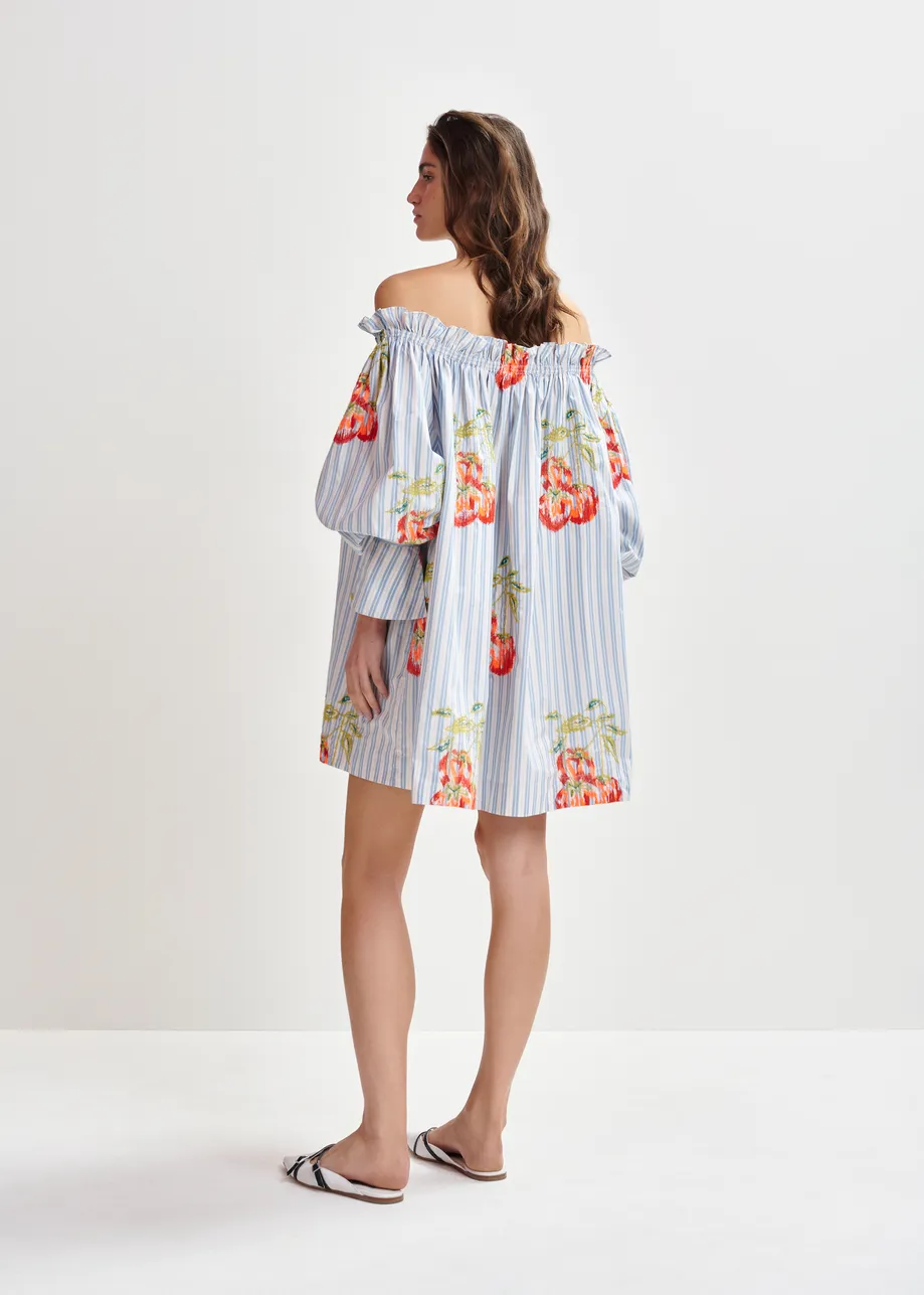 Blue, white and burned orange striped off-the-shoulder mini dress with embroidery