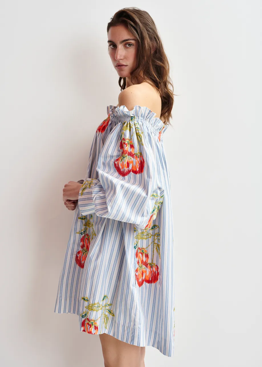 Blue, white and burned orange striped off-the-shoulder mini dress with embroidery