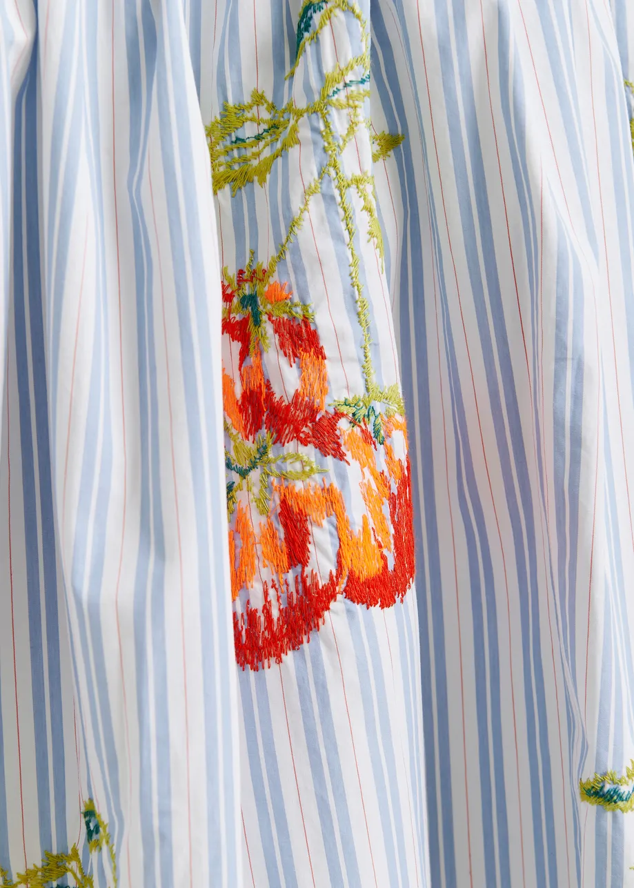 Blue, white and burned orange striped off-the-shoulder mini dress with embroidery