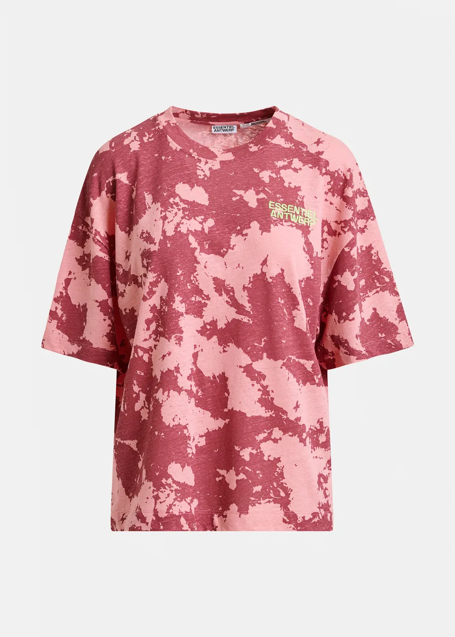 Red, pink and yellow oversized cotton-linen blend T-shirt with embroidery