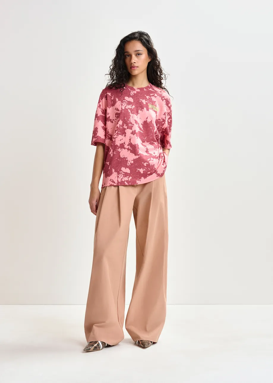 Red, pink and yellow oversized cotton-linen blend T-shirt with embroidery