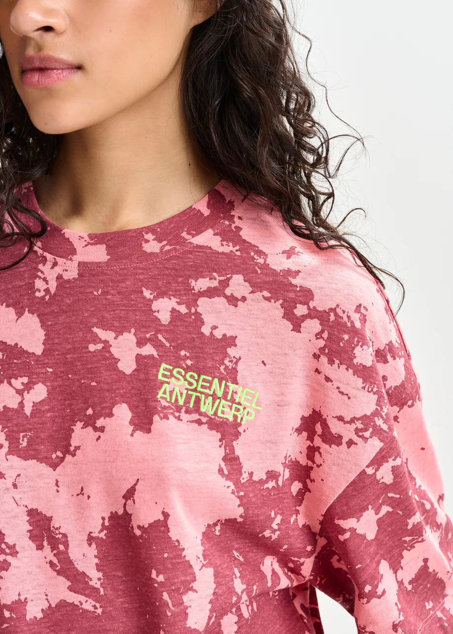 Red, pink and yellow oversized cotton-linen blend T-shirt with embroidery