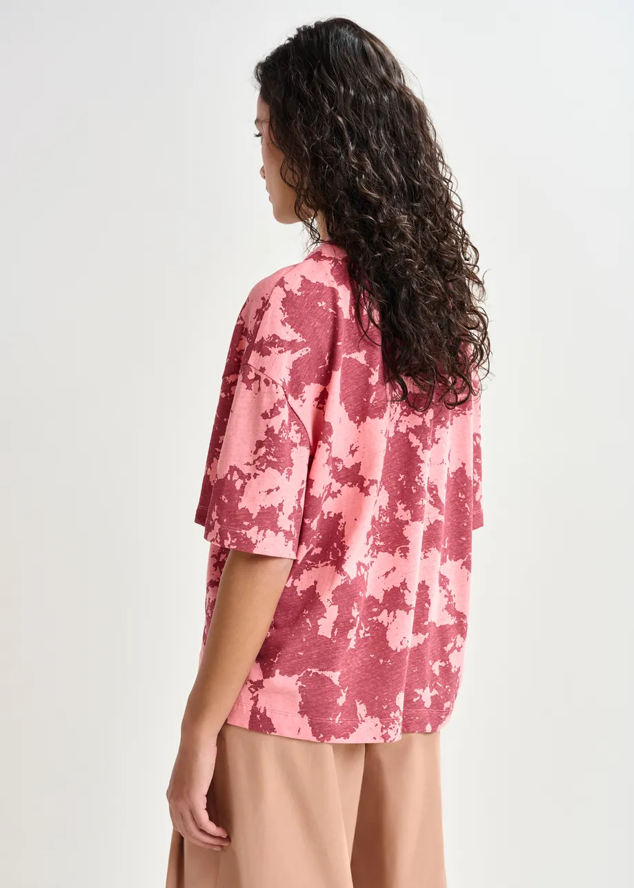 Red, pink and yellow oversized cotton-linen blend T-shirt with embroidery