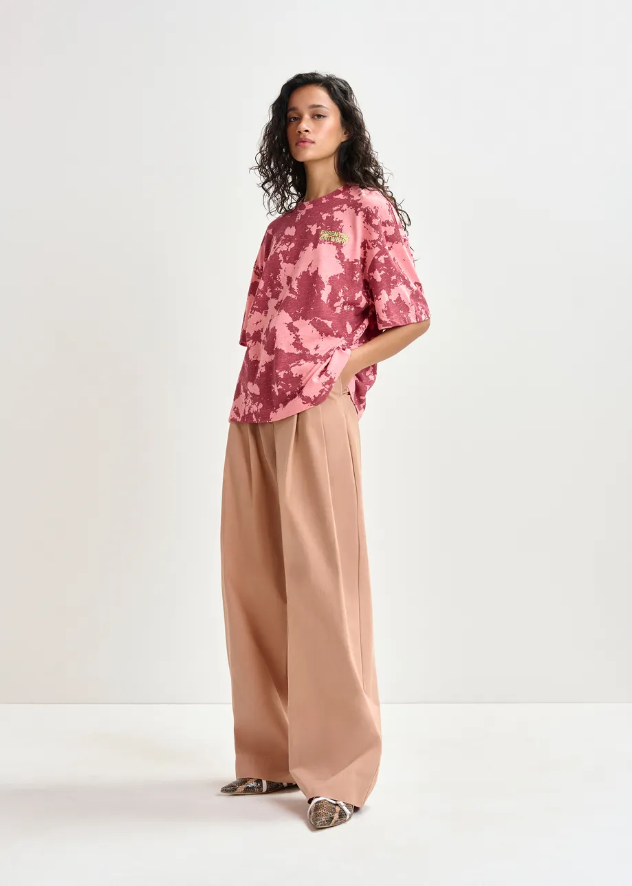 Red, pink and yellow oversized cotton-linen blend T-shirt with embroidery