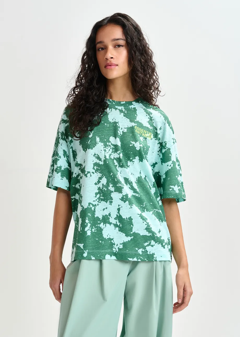 Green, blue and yellow oversized cotton-linen blend T-shirt with embroidery